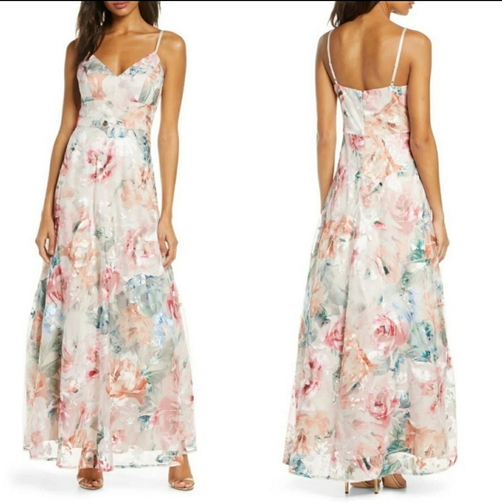 NWT Eliza J Floral Embroidered Mesh Gown